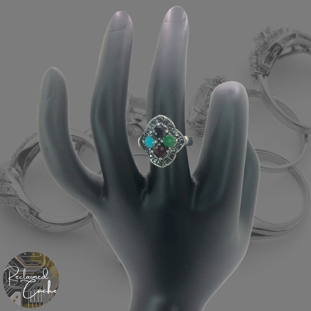 Silver and Multicolor Rhinestone Statement Ring - Size 8.5
